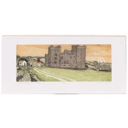 John Brunsdon ARCA (British 1933-2014): Views of Bolton Castle - Wensleydale, set three limited edition coloured etchings with aquatint signed titled and numbered in pencil 29cm x 11cm (3) (2 unframed)