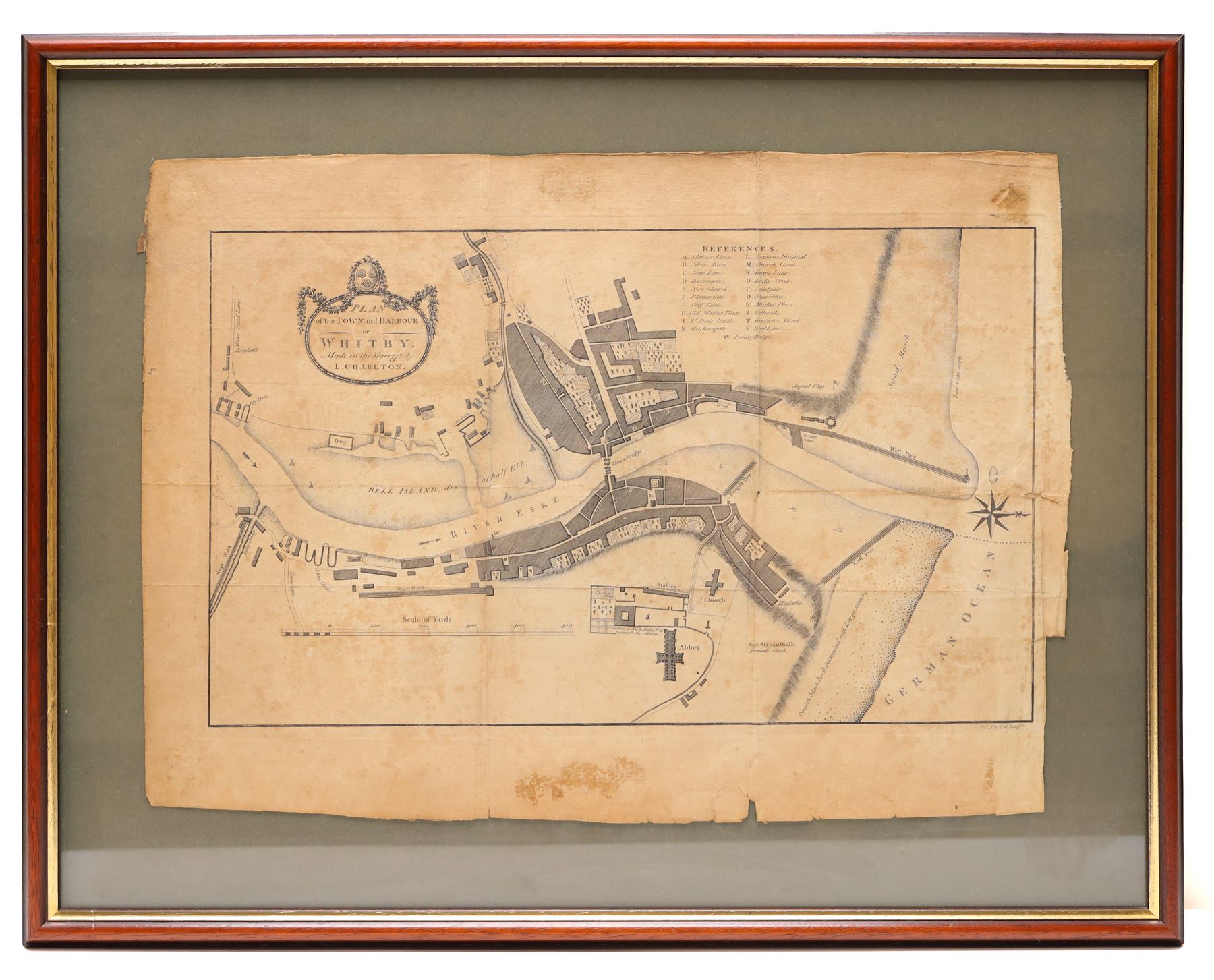 L Charlton (British 18th century): 'Plan of the Town and Harbour of Whitby', 18th century engraved map with hand-colouring pub. c.1778, 38cm x 52cm
