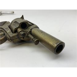 Early 20th century Flobert 5mm blank firing revolver with six-shot chamber, top venting, nickel plated with folding trigger No.118 L12.5cm overall; replica non-firing 'British Bulldog' revolver; and Windproof gas lighter inscribed 'Revolver-99 Spring and Autumn' in holster marked 'Star-Line'