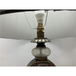 Pair of modern large table lamps, the ornate brushed bronzed and silvered bases raised upon circular spreading foot with four shell feet, with fabric shades, H74cm
