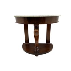 Victorian mahogany and marble demi-lune console table, moulded white and grey veined marble top, on cabriole support carved with paw, demi-lune undertier over compressed bun feet 