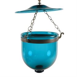 Turquoise glass Indian Hundi ceiling lamp with metal mounts and glass plate, shade H20cm