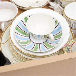 Fieldings Crown Devon items including fruit bowl, five dessert bowls and teapot, Poole pottery preserve jar, Sylvac posy holder, Frosted art glass tulip vase, similar lily vase, two Belleek saucers, assorted cups and saucers etc contents in two boxes