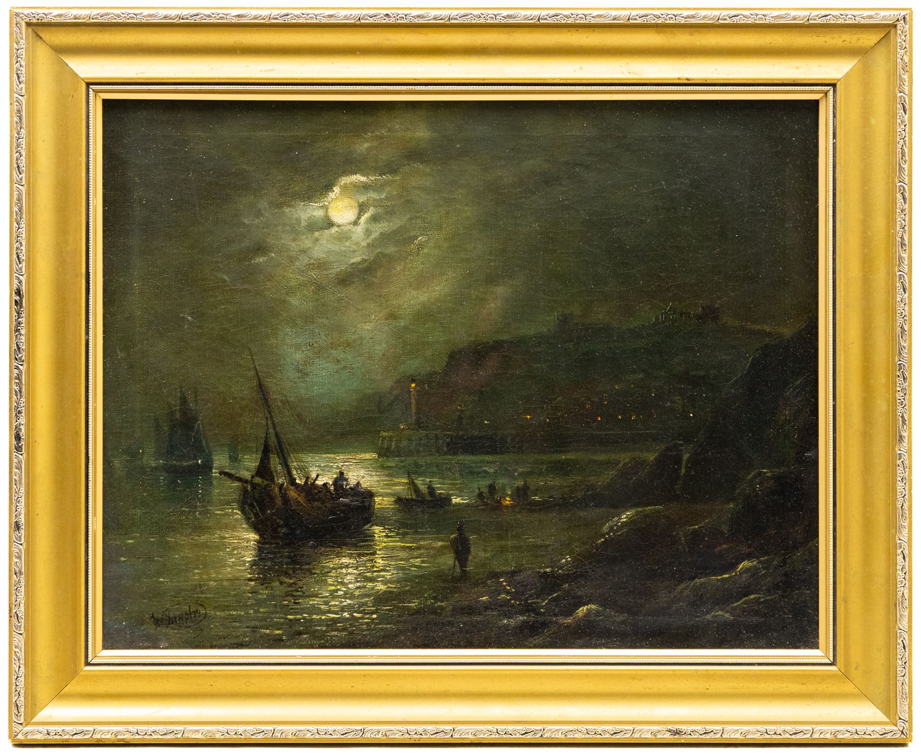 Walter Linsley Meegan (British c1860-1944): Whitby Harbour from Upgang by Moonlight, oil on canvas signed and dated 1878, 33cm x 43cm 
Provenance: private collection, purchased David Duggleby Ltd 25th March 2023 Lot 79; Meegan was the  maternal great-grandfather of the original vendor.