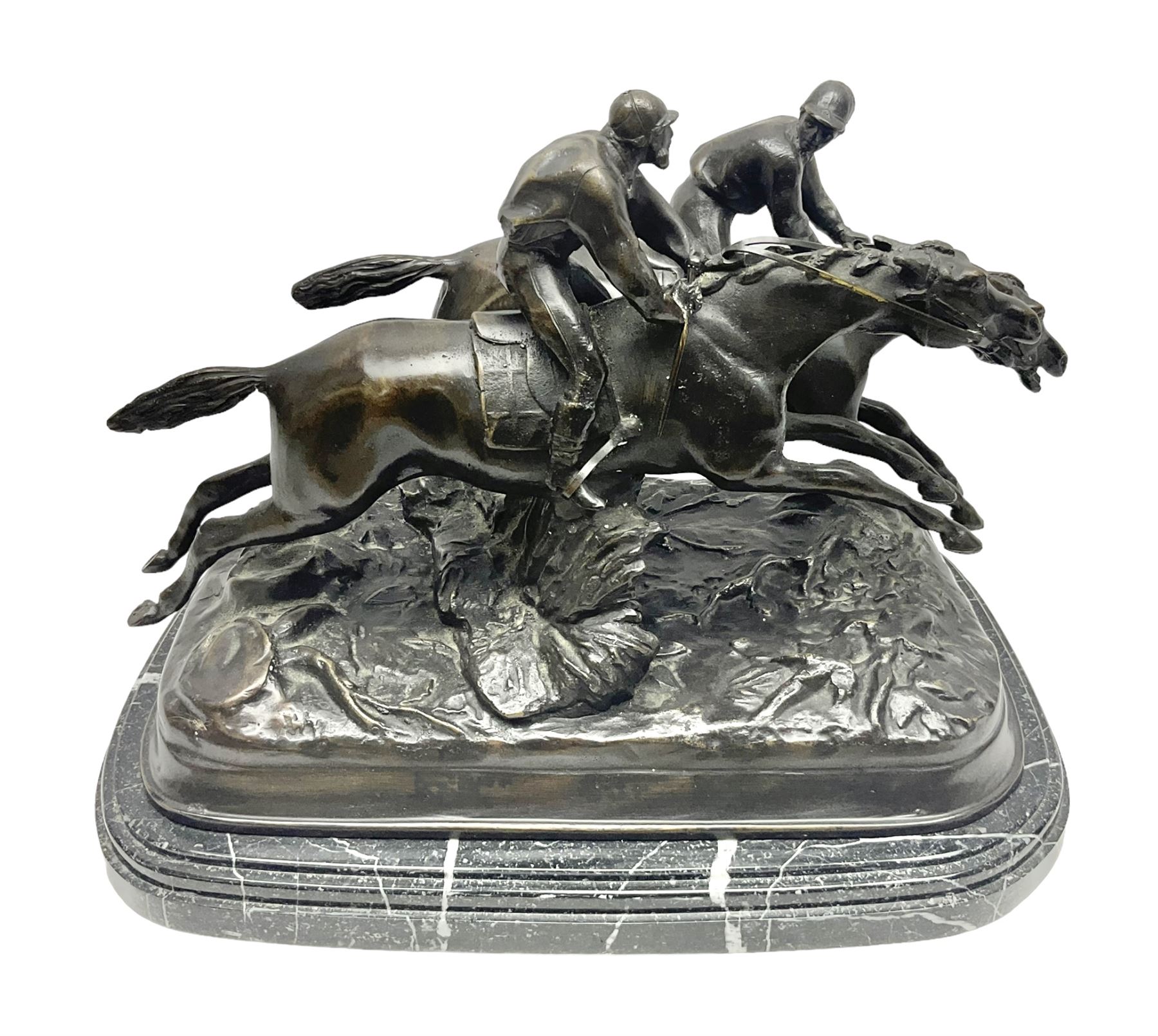 After E Loiscay, bronzed figure group, modelled as two race horses, signed E Loiscay, upon a stepped marble plinth, overall H28cm