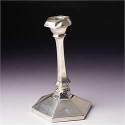 Pair of Art Deco design silver candlesticks with panel sided stems on hexagonal bases H15cm Birmingham 1923 Maker W G Sothers Ltd