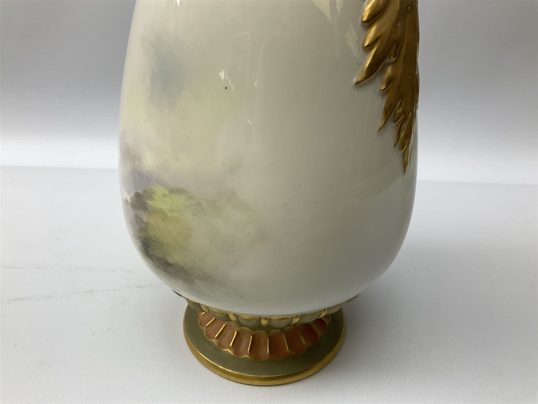 Early 20th century Royal Worcester vase decorated by Harry Davis, of ovoid form with twin acanthus mounted handles and waisted high neck supporting a domed cover, upon a circular foot, the body hand painted with sheep in a highland landscape, signed H Davis, with puce printed marks beneath including shape number 2425, and date code for 1907, H27.5cm