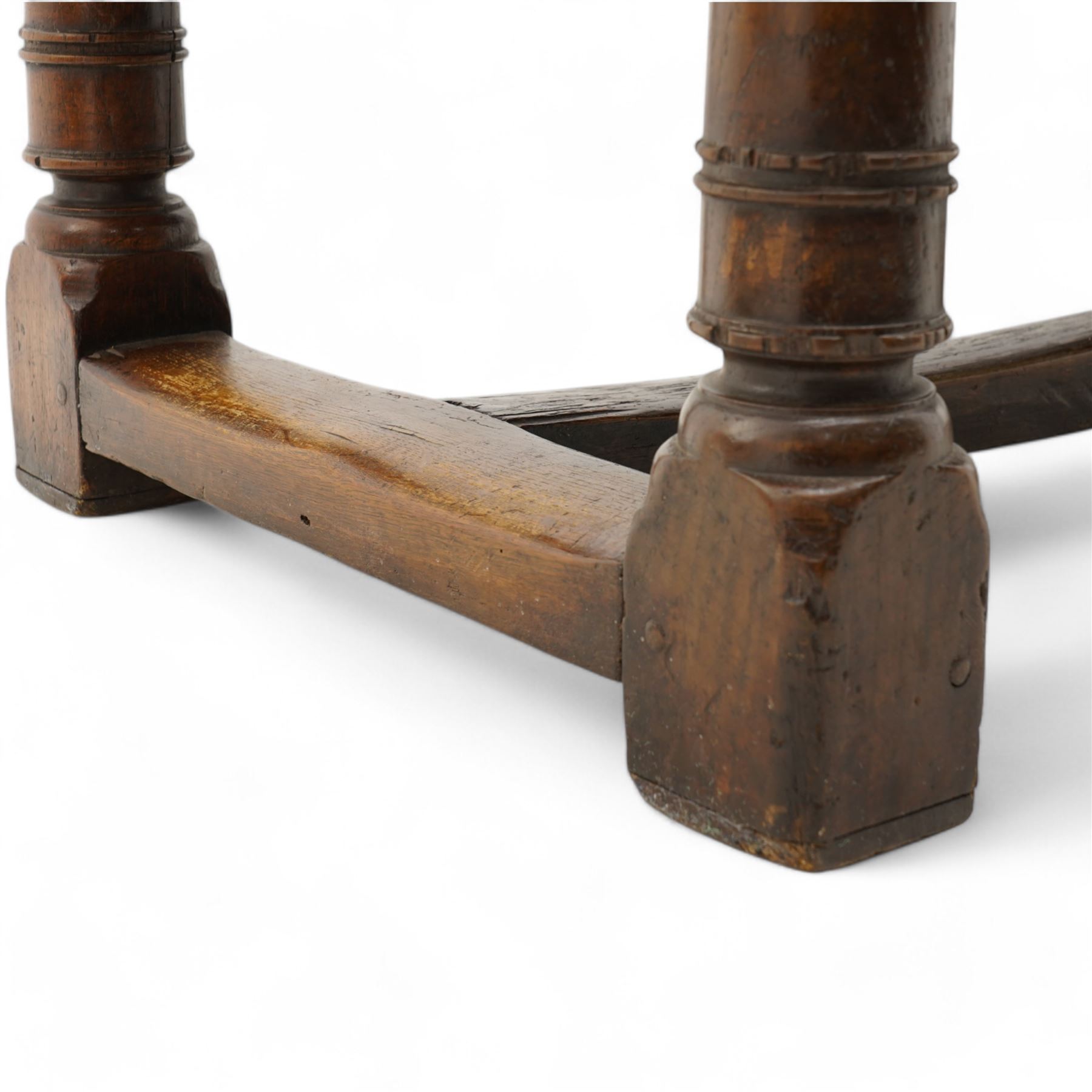 Jacobean design elm and oak refectory dining table, rectangular three plank top with cleated ends, moulded frieze rails on turned supports united by moulded stretcher rail