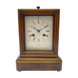  19th century inlaid rosewood mantel clock, white Roman dial inscribed Hry Marc a Paris with blued steel hands, twin train movement trade mark stamped No.12375, outside count wheel striking the half hours on a bell, ormolu carry handle, H24cm  