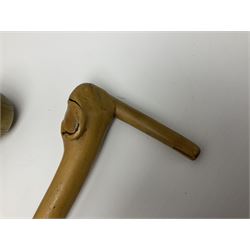 Four wooden walking canes, including a carved mahogany snooker cue example, tallest H86cm