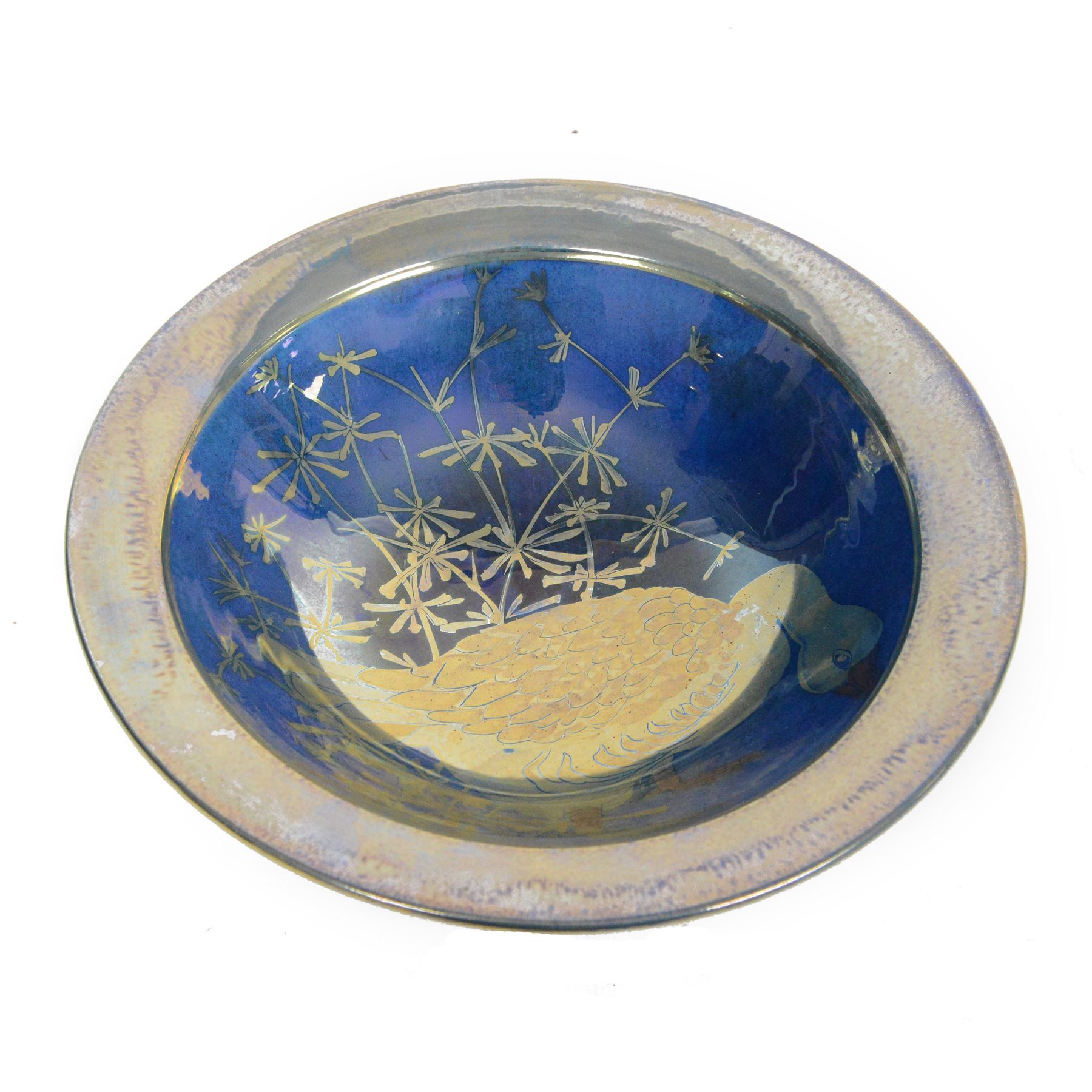 Jonathan Chiswell Jones, studio pottery lustre bowl, circular form, blue ground painted to the centre with a goose amongst foliage, painted mark beneath, D30cm