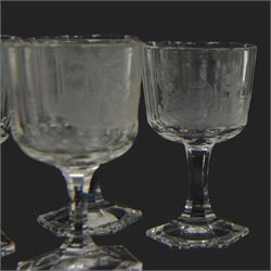 Set of four Galle, Nancy, intaglio engraved liqueur glasses, Gallé, Nancy, circa 1880, each with faceted bucket bowl engraved with animals within landscape settings, upon hexagonal stems and hexagonal feet, two examples engraved 'Galle Reinemer a Nancy', one engraved 'Galle a Nancy', and one unsigned, H7cm