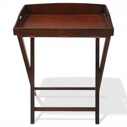 Georgian design mahogany butlers tray on stand, tray top with pierced handles, on a folding X-frame base