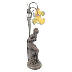20th century composite figural table lamp with three floral moulded glass shades, H88cm