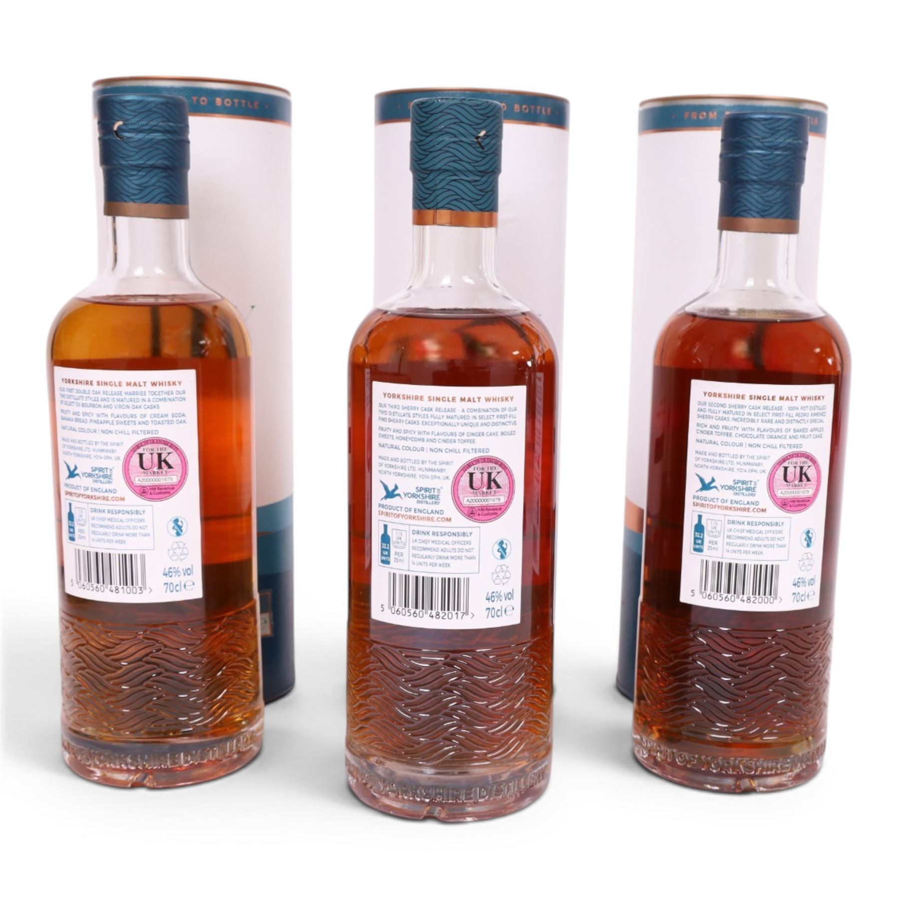 Sprit of Yorkshire Distillery, Filey Bay Sherry Cask Reserve #2  single malt whisky, 70cl 46% vol, Sherry Cask Reserve #3  single malt whisky, 70cl 46% vol and Filey Bay Double Oak #1  single malt whisky, 70cl 46% vol