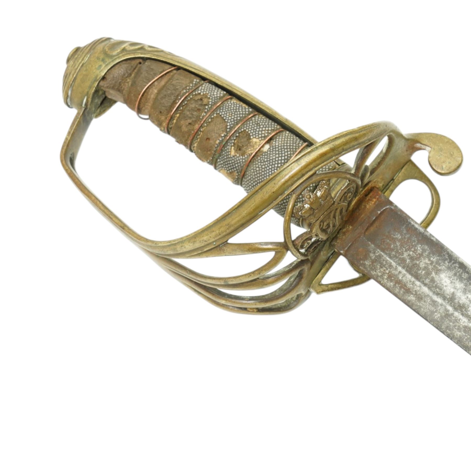 Small Aboriginal shield of navette shape L47cm, Indian powder horn and Victorian officers sword with wire wound shagreen grip and brass hilt, blade length 68cm (3)