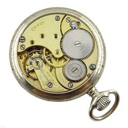 Nickle open face keyless lever pocket watch by Omega, No. 5347728, white enamel dial with Arabic numerals and subsidiary seconds dial, screw back case