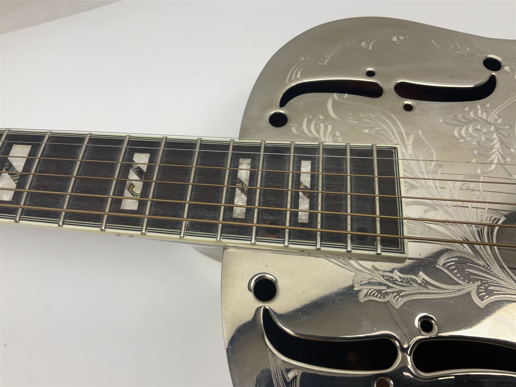 Ozark Dobro chromium plated on brass National style resonator guitar with foliate engraving L98cm; in Ritter soft carrying case