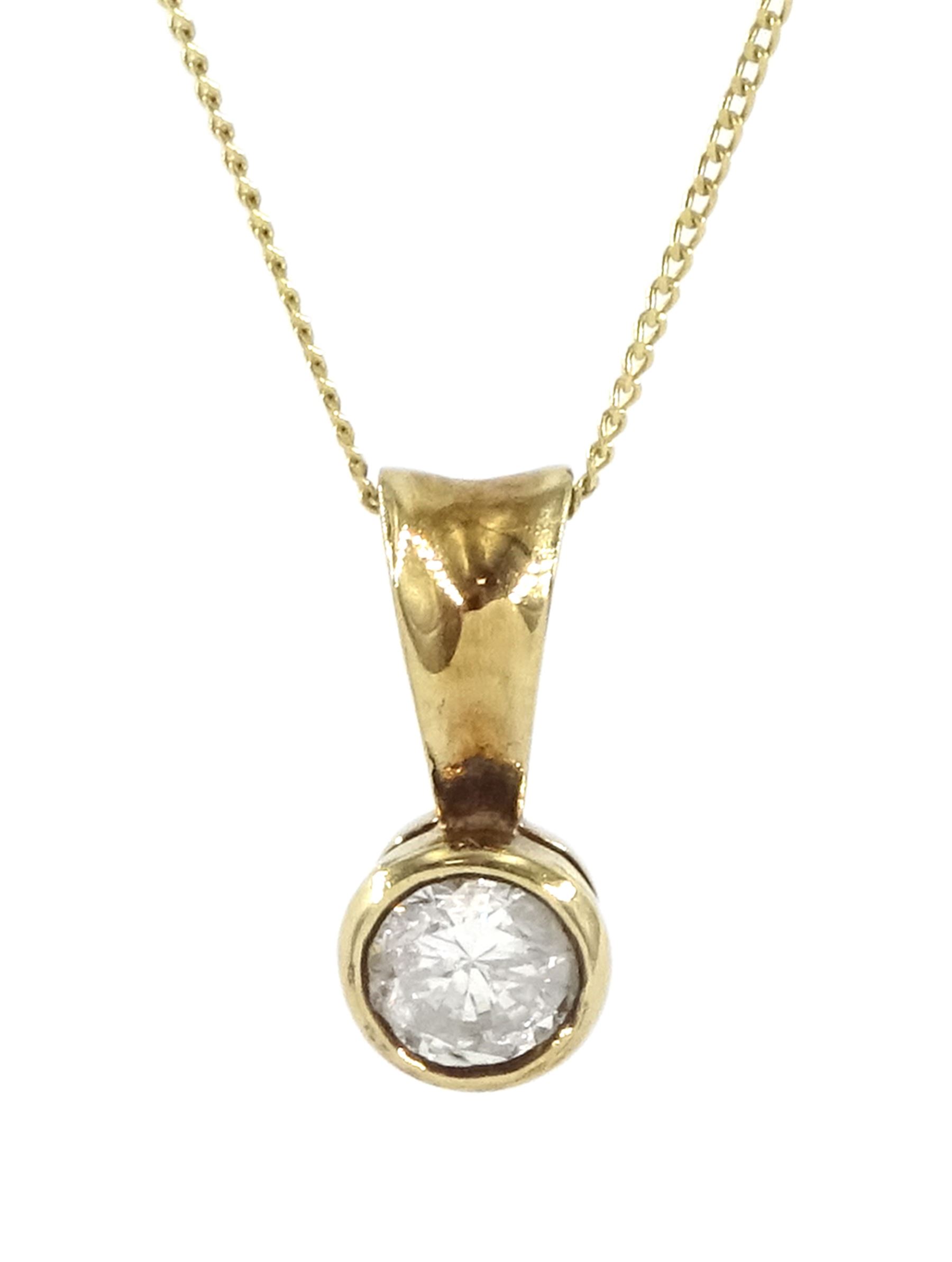 9ct gold bezel set single stone round brilliant cut diamond pendant, hallmarked, on 9ct gold chain necklace, diamond approx 0.25 carat