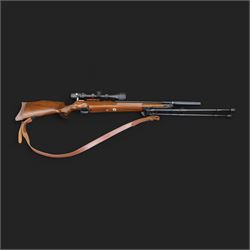 Logun MK2 22 Cal. air rifle, serial no 25885, with ASG fitted sight, bi-pod stand and fitted moderator  