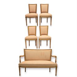 20th century Louis XVI style beech salon suite, comprising settee and four chairs, the settee with shaped rectangular back and upholstered arms over a shaped seat, the chairs with rectangular backs and overstuffed seats, each upholstered in striped fabric with close-nailed borders, upon fluted tapering supports headed by carved paterae, terminating in toupie feet, chairs H89cm W47cm