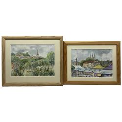Penny Wicks (British 1949-): 'Helmsley Market' and 'Pickering from Beacon Hill', two watercolours and ink signed, titled on labels verso 25cm x 36cm and 27cm x 38cm (2)