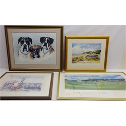  Collection of pictures including Boxer Dogs, pencil drawing signed by Vic Williams, 'Filey - Yorkshire', ltd.ed print signed by Ken Burton, 'Npower Test match in the North East England v Zimbabwe 2003', ltd.ed print signed by Martin Speight, ltd.ed print signed by Tom Harland etc max 39cm x 67cm (11)   