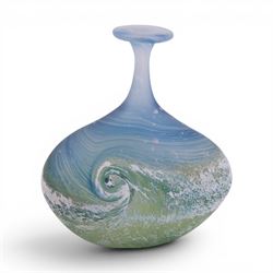 Art glass vases, of squat form with elongated neck, decorated with waves, together with another vase and a glass tray, largest H17cm