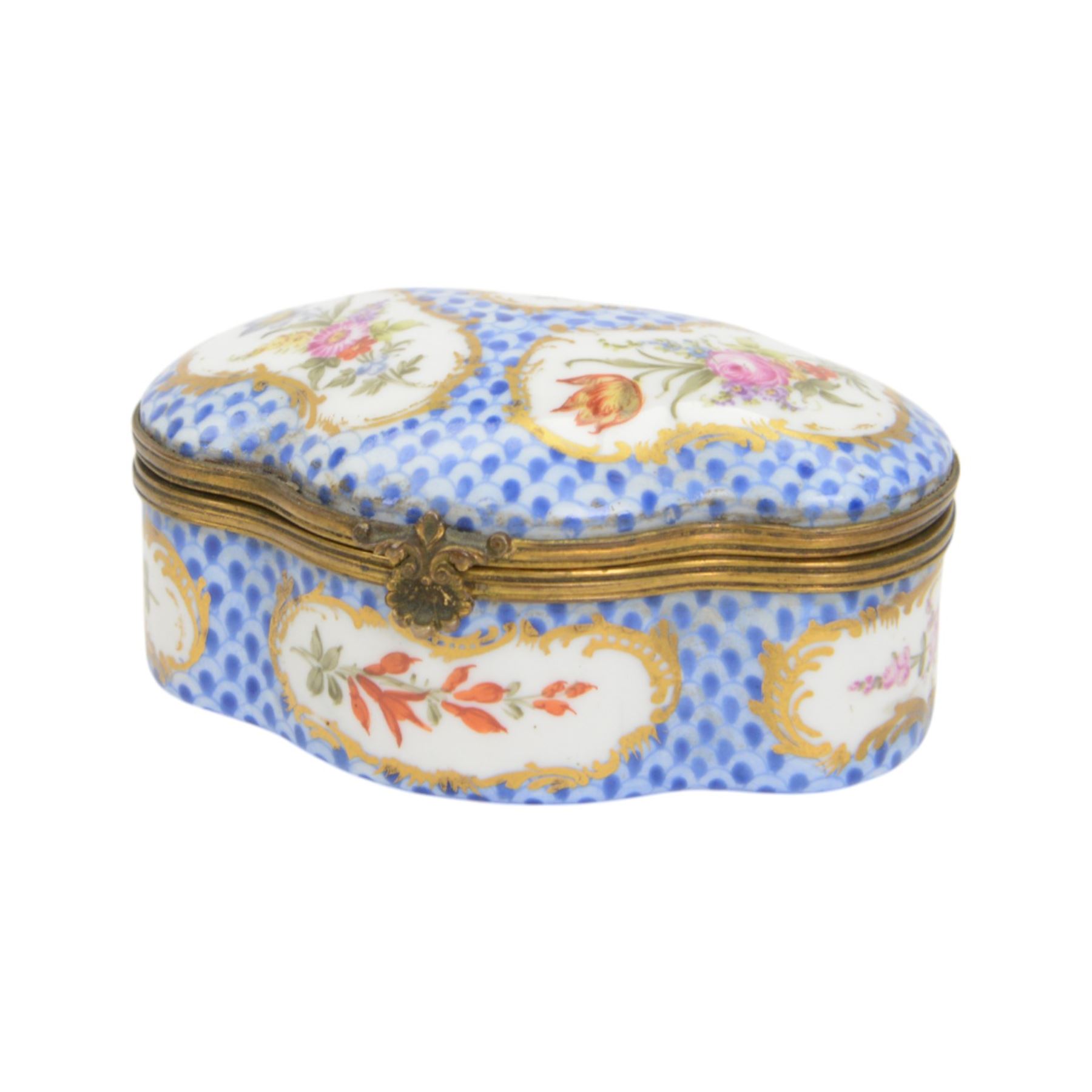 Two 19th century porcelain trinket boxes, comprising blue and white Delft example with courting scene to cover and a Meissen style example, hand painted with floral sprays on a blue scale ground, tallest H4.5cm 