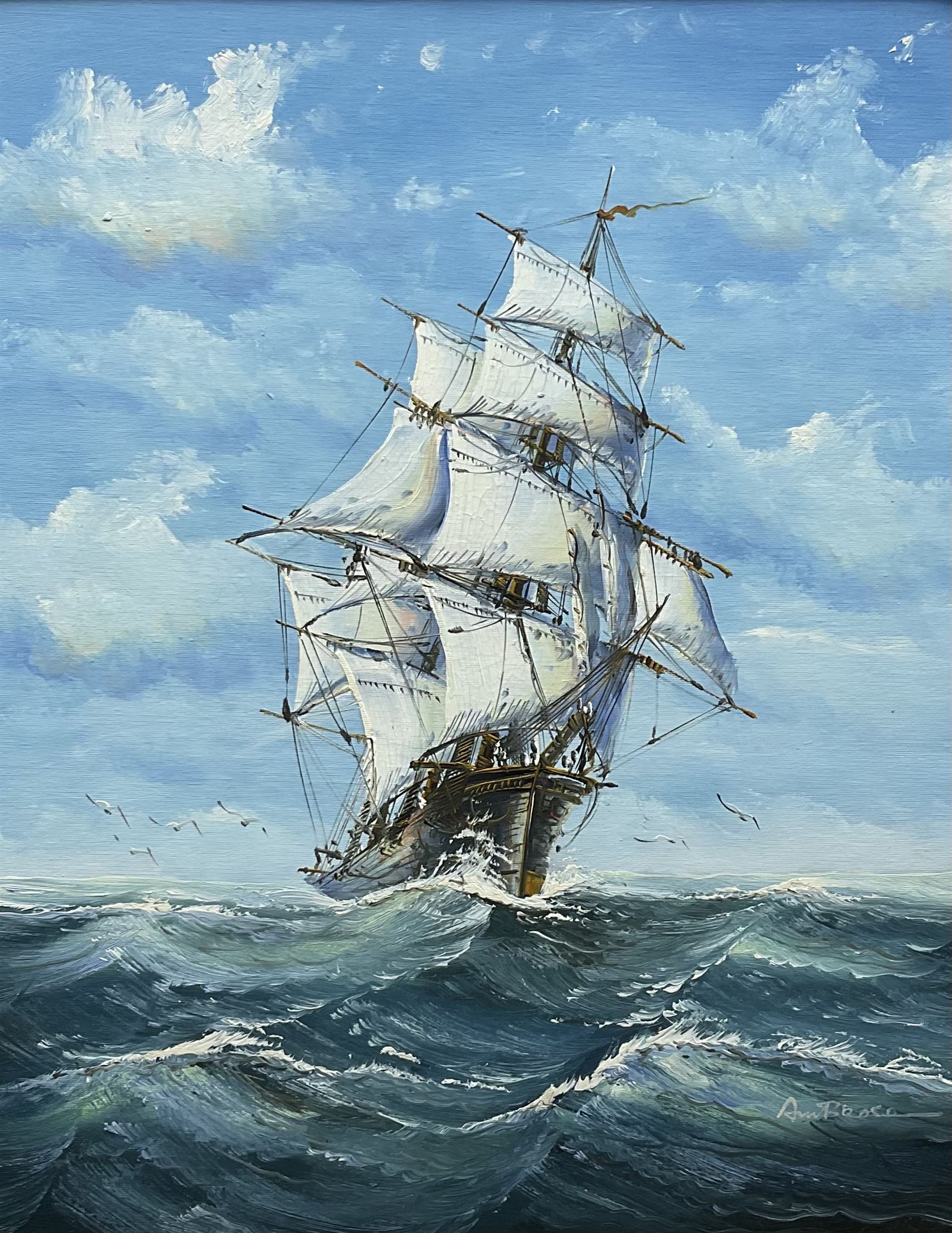 Ambrose (20th century): Ship at Full Sail from Bow, oil on board signed 49cm x 39cm