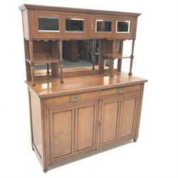 Edwardian walnut seven piece mirror back side cabinet, two mirrored cupboards above two drawers, two panelled doors, W144cm, H174, D57cm