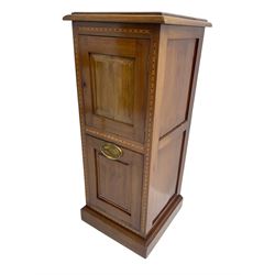 Early to mid-20th century inlaid mahogany coal compendium cabinet, single cupboard above fall front lined box, inlaid with satinwood and dotted banding
