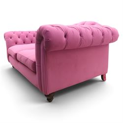Joules - Windsor Chesterfield three seater sofa in pink velvet, shaped back with deep buttoned sides, loose seat cushion raised on turned and shaped supports