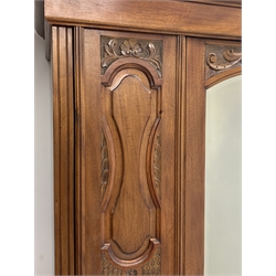 *Edwardian walnut narrow single wardrobe, projecting cornice over single bevelled mirror glazed door, panelled front carved with shells and flower heads, base fitted with single drawer, W90cm, H202cm, D54cm