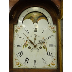  19th century inlaid oak longcase clock, broken arch pediment with brass finials, painted arched dial with moon phase apature, Roman and Arabic numeral and subsidiary seconds dial, eight day movement striking on a gong, raised on a later oak base with bracket feet, H238cm  