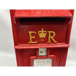 Reproduction red painted cast iron postbox, H59cm, with two keys