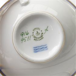 Royal Copenhagen mid-20th century tea service decorated in blue and gilt comprising ten teacups, ten saucers, ten side plates, two triangular serving plates, two square serving plates, teapot, milk jug and covered sucrier 