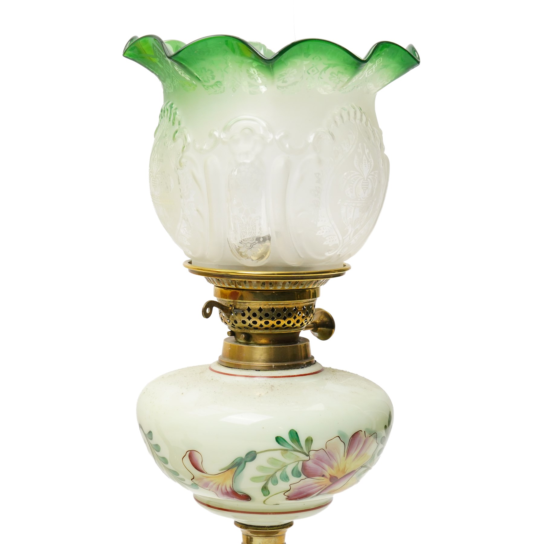 Victorian table oil lamp with floral painted yellow glass reservoir on brass column, another with cranberry glass reservoir and shade and another with painted green glass reservoir (3)