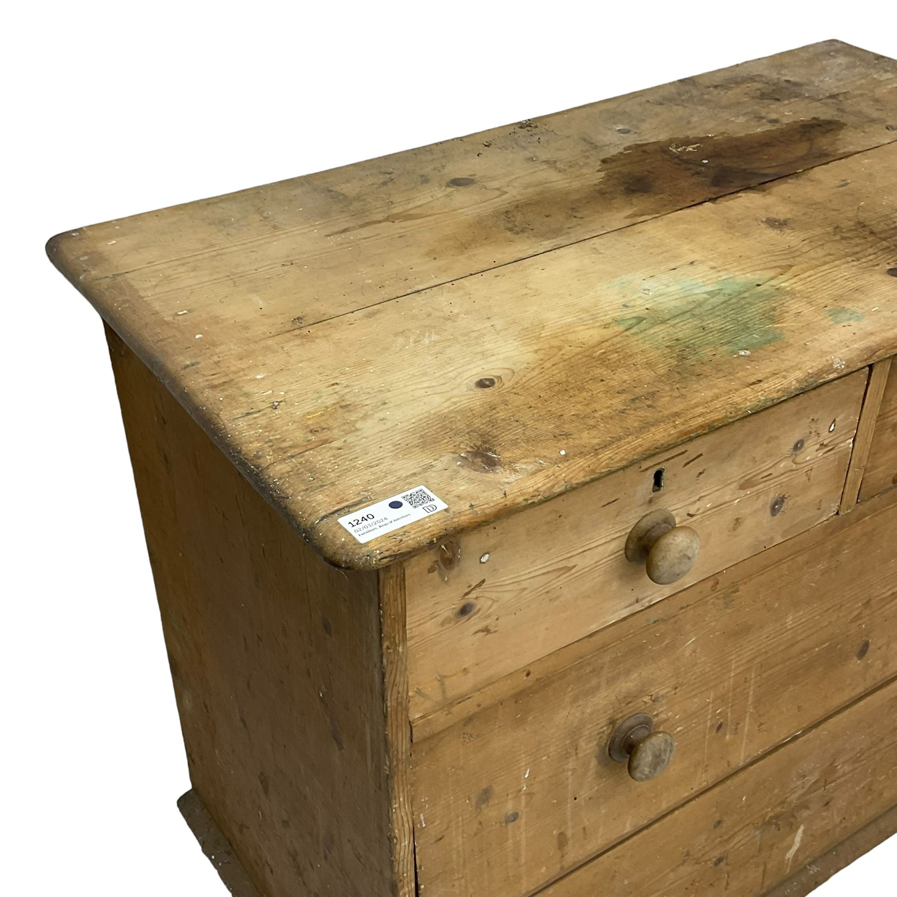 Victorian stripped pine chest, fitted with two short and two long drawers, on turned feet