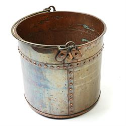 Riveted copper bucket with swing handle, marked with initials and 1864 H31cm x D34cm