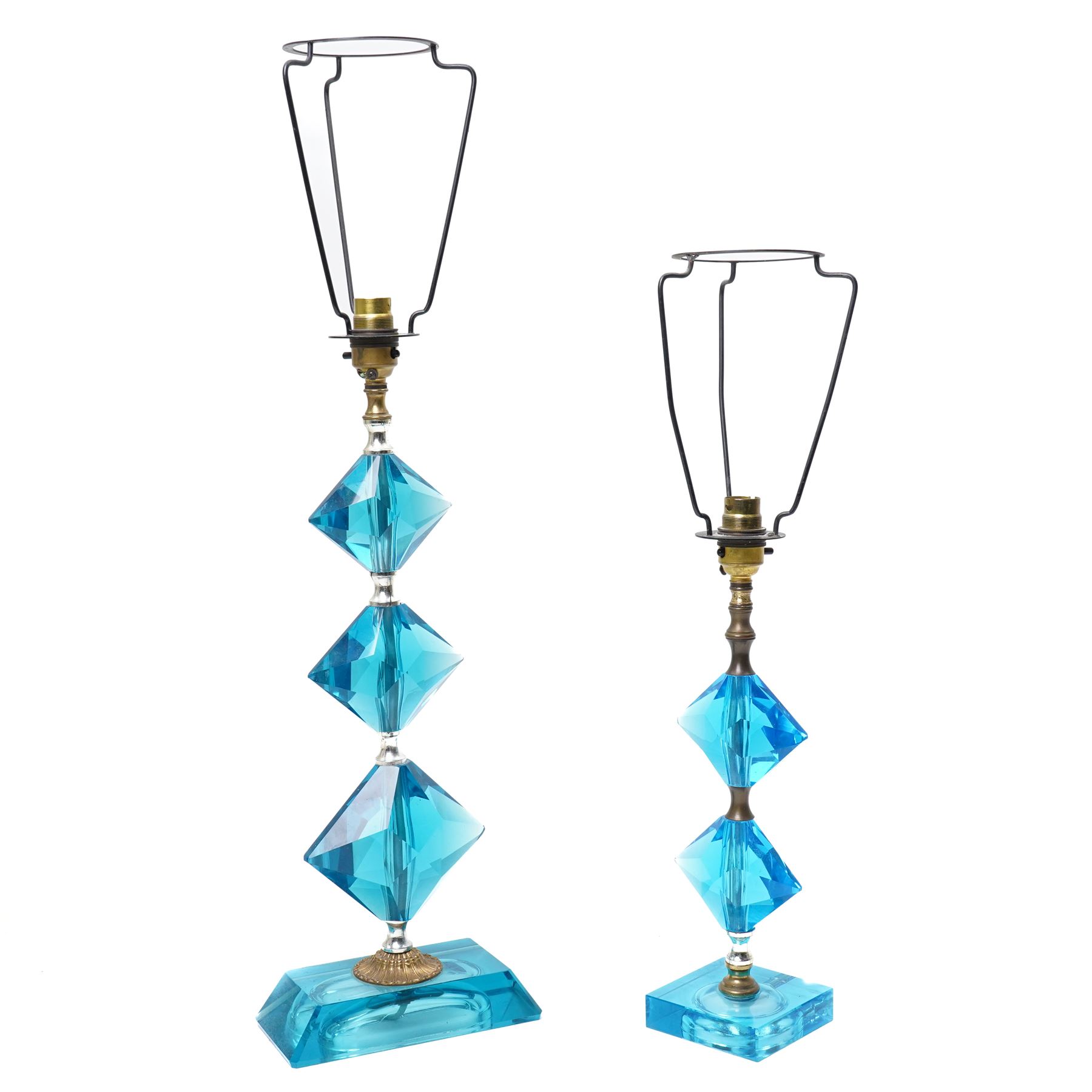 Mid 20th century table lamp formed as three graduated turquoise cut glass diamond shape sections on a rectangular base H46cm excluding fitting and a similar smaller lamp (2)