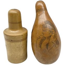 Engraved gourde, depicting Napoleon Buonaparte, an erotic scene and a banner with 'Ajaccio' inscribed, together with medicine glass bottle in treen case
