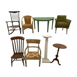 Painted demi-lune hall table, farmhouse chair, painted column, rocking chair, basket chair,  pedestal table and two other chairs (8)