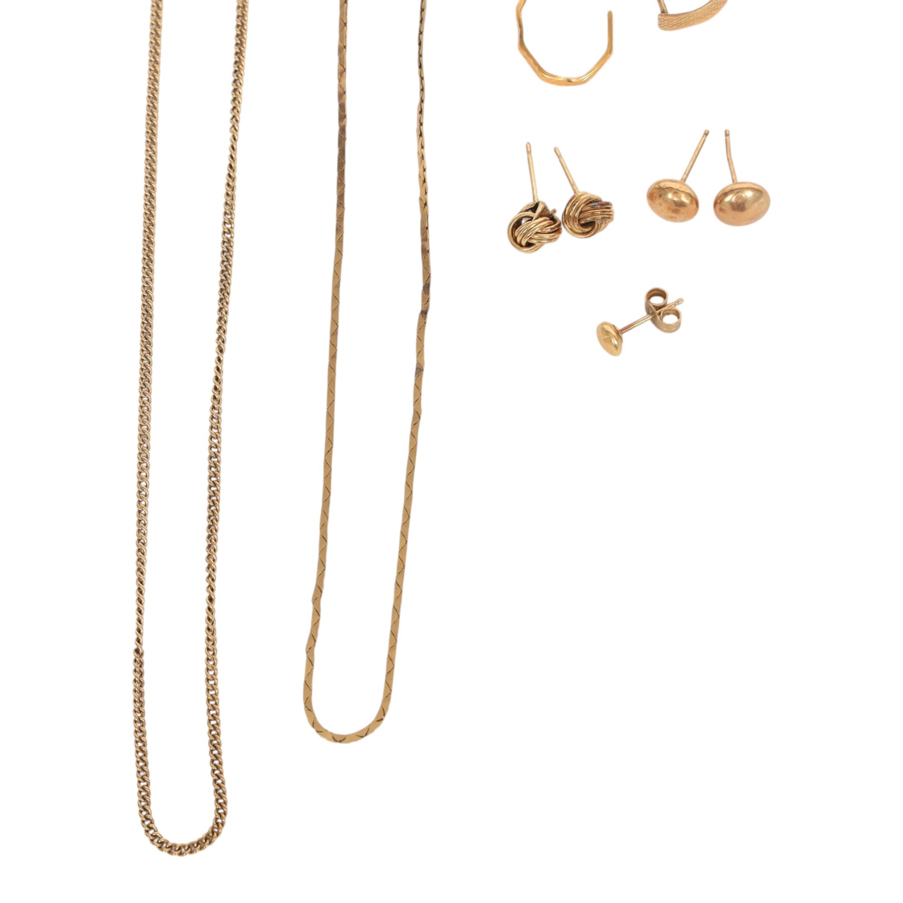 9ct gold jewellery, comprising signet ring, three pairs of stud earrings, single earrings, locket and two chains