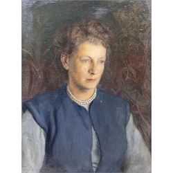 John Walton (British 1925- 2023): Portrait of a Lady with Pearl Necklace, oil on board signed and dated '50, possible corresponding photograph verso 40cm x 30cm 