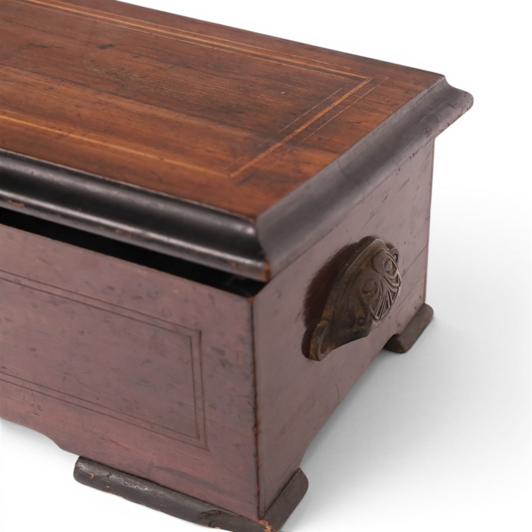 Swiss-Late 19th-century musical box playing ten airs, 62 tooth steel comb and brass cylinder, crank operated going barrel with a jewelled governor, with original tune sheet, W60cm