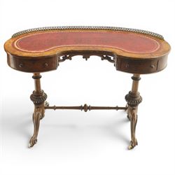 Victorian figured burr walnut kidney-shaped writing table, shaped top with pierced raised ...