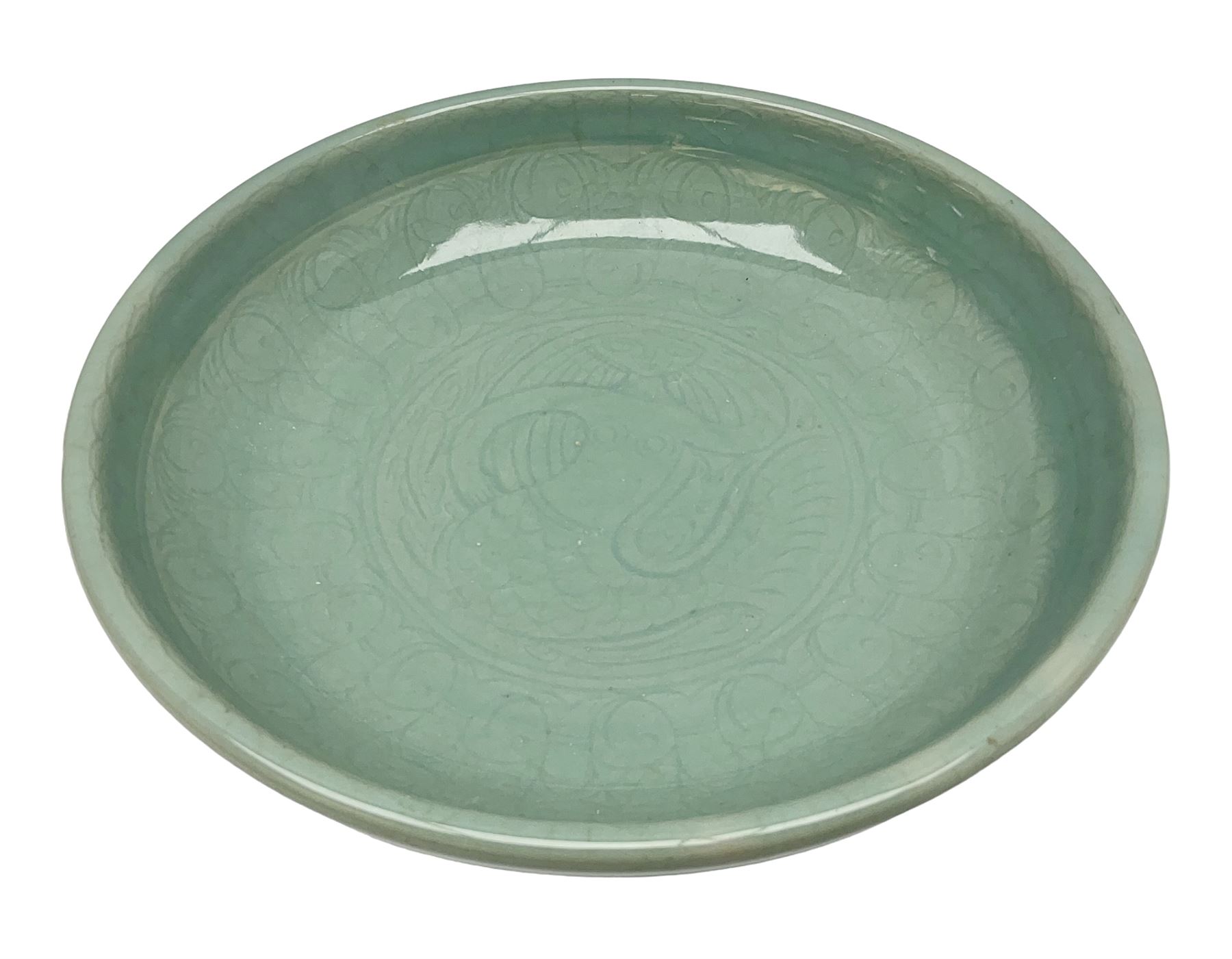 Agnete Hoy (1914-2000): Bullers studio pottery celadon glazed bowl, the interior with incised decoration depicting a Mermaid, D28.5cm