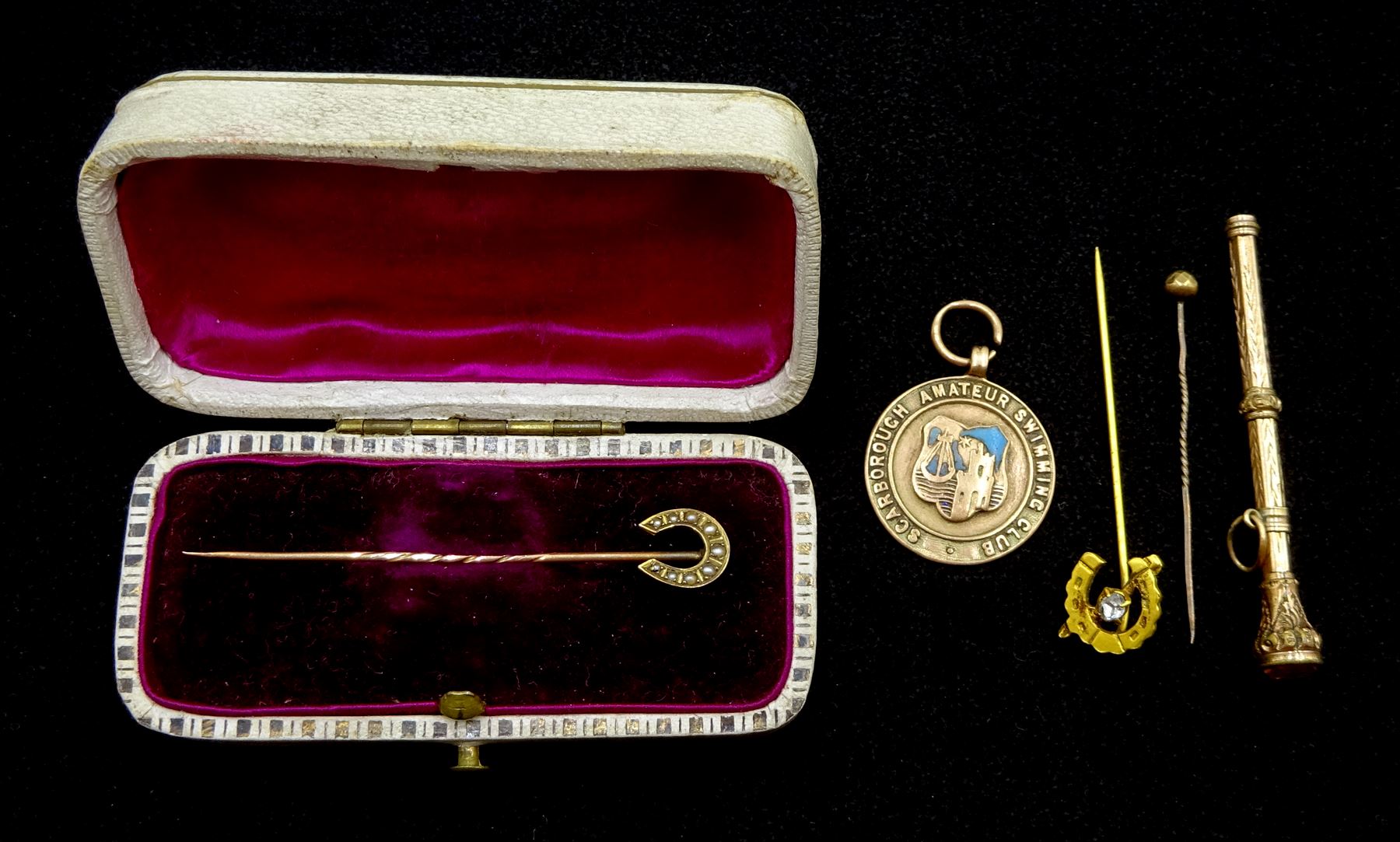 Scarborough Amatuer swimming club gold medal, Birmingham 1922, Victorian and later stick pins and gilt propelling pencil