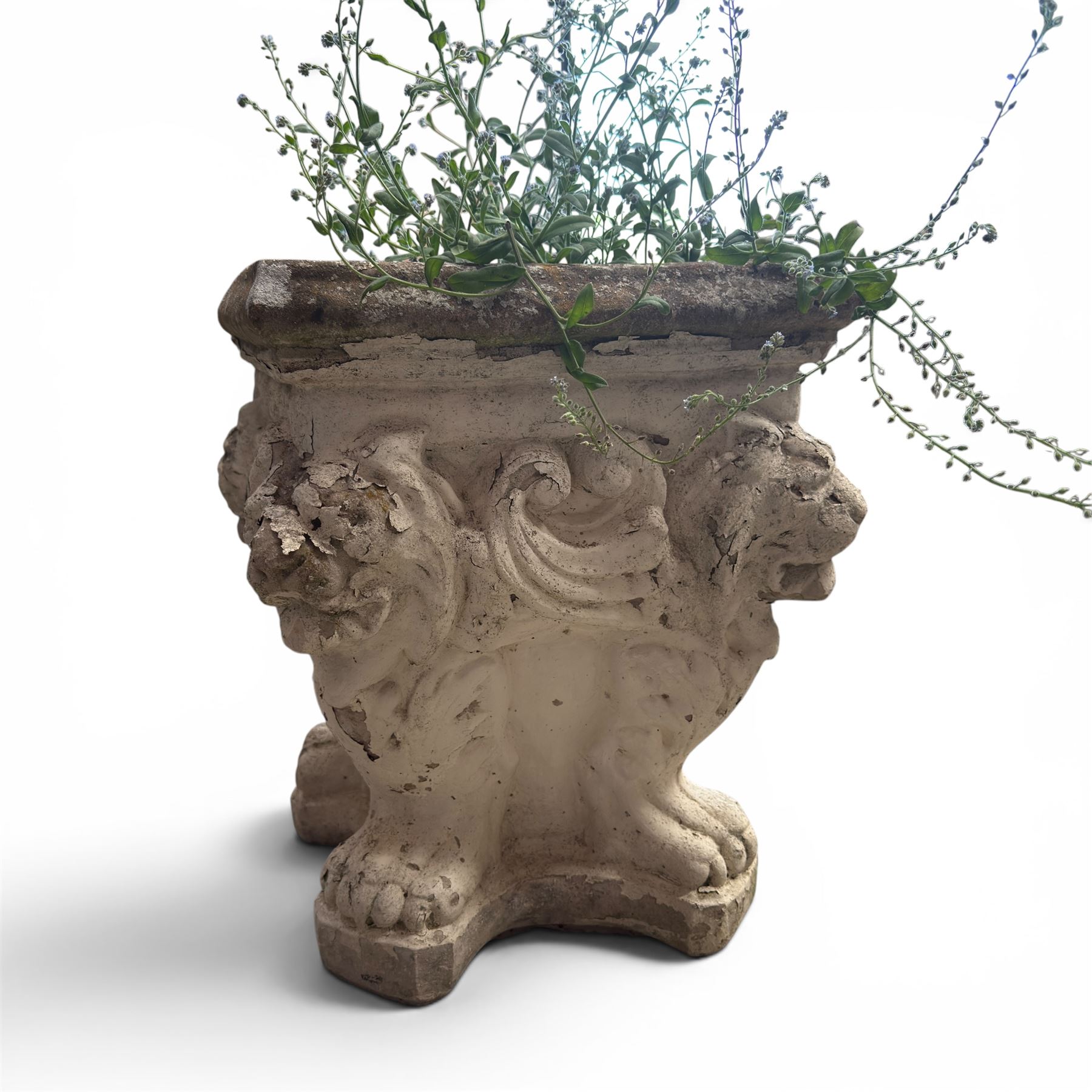 Five composition stone garden planters, comprising various circular and square forms with relief foliate decoration, together with a cylindrical lidded garden pot.